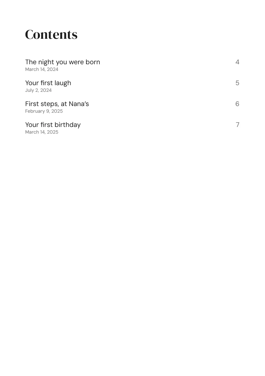 Sample contents page listing the four stories of the first year