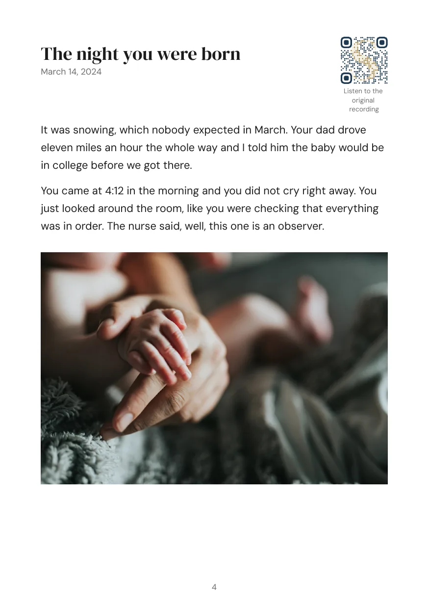 A story page from the sample baby book, with a photo and a listen code