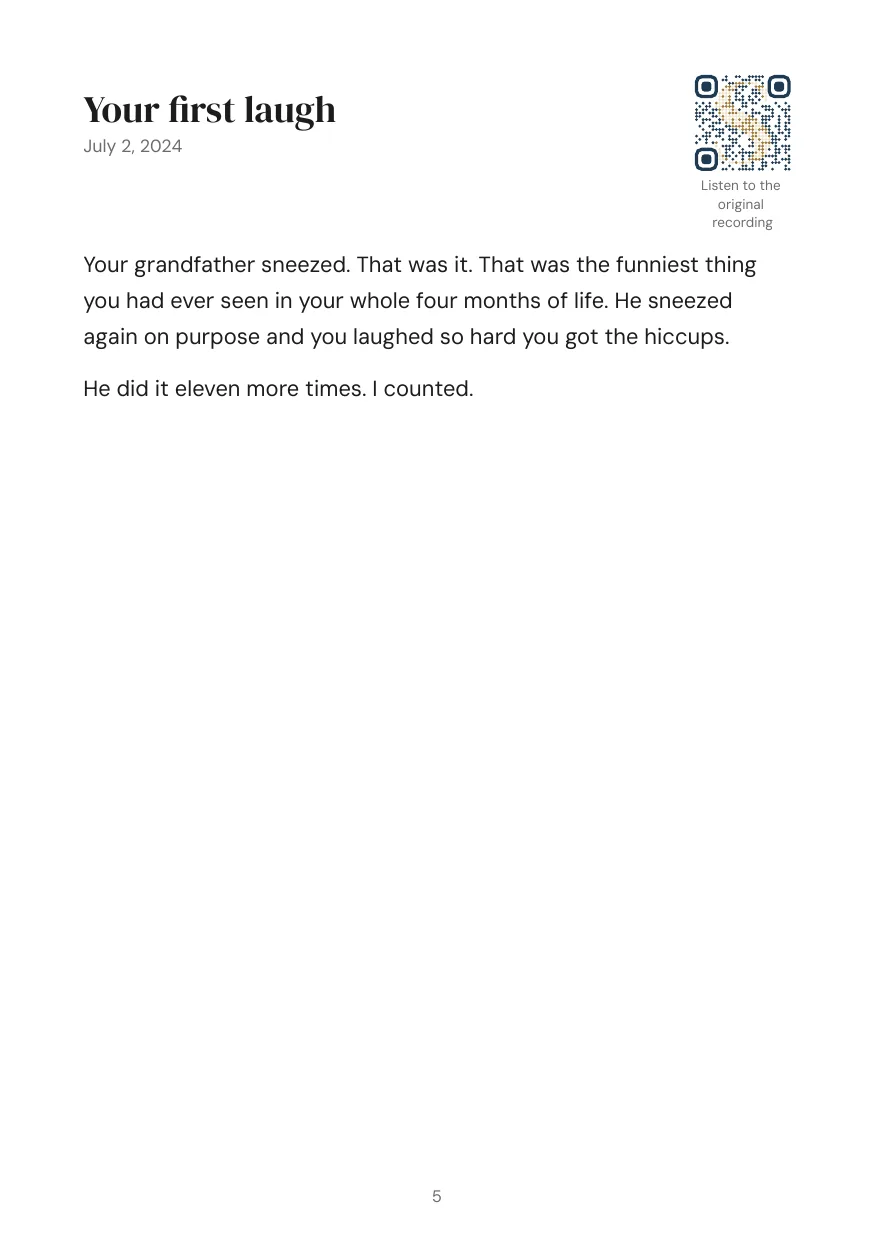 Sample page: Your first laugh, with a listen code
