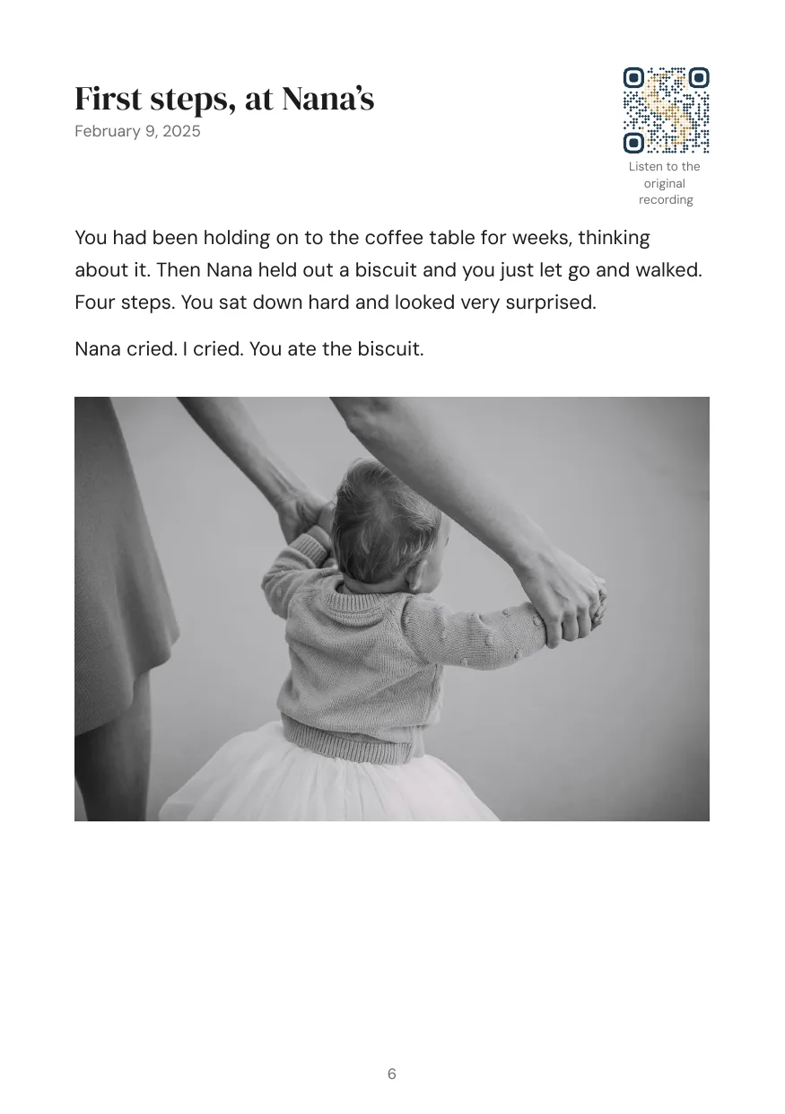 Sample page: First steps, at Nana's, with a photo of a baby walking between two adults