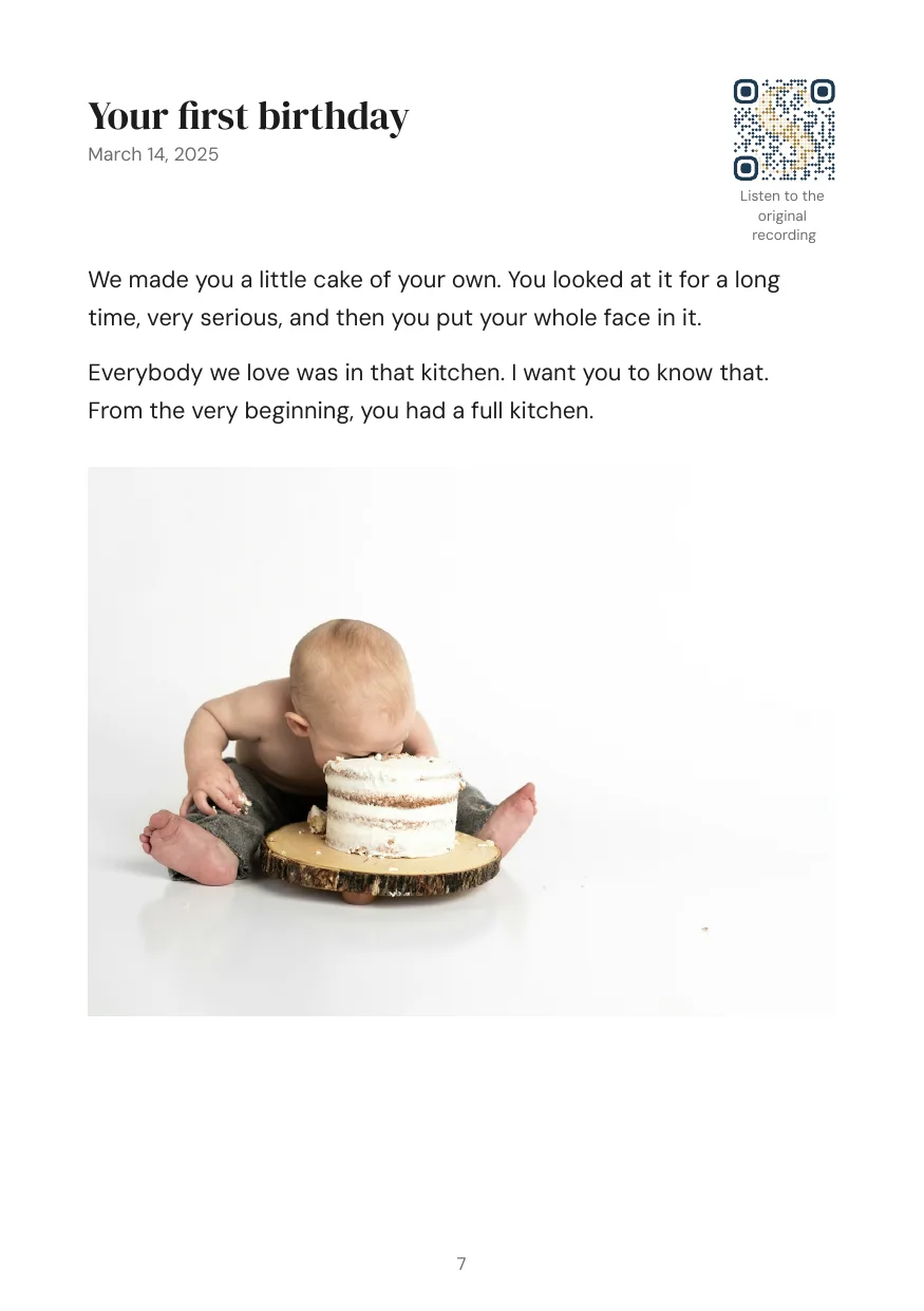 Sample page: Your first birthday, with a photo of a baby and a birthday cake