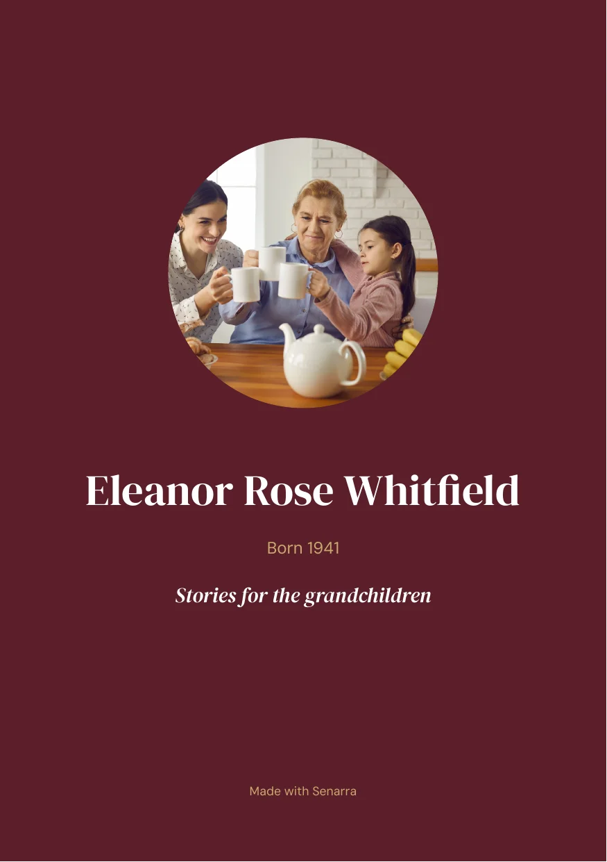 Front cover of a sample Senarra Keepsake Book in burgundy: Eleanor Rose Whitfield, Born 1941, Stories for the grandchildren