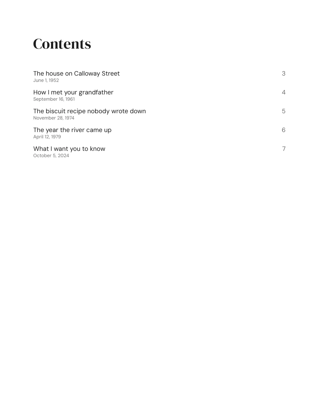 Sample contents page listing each story with its date and page number
