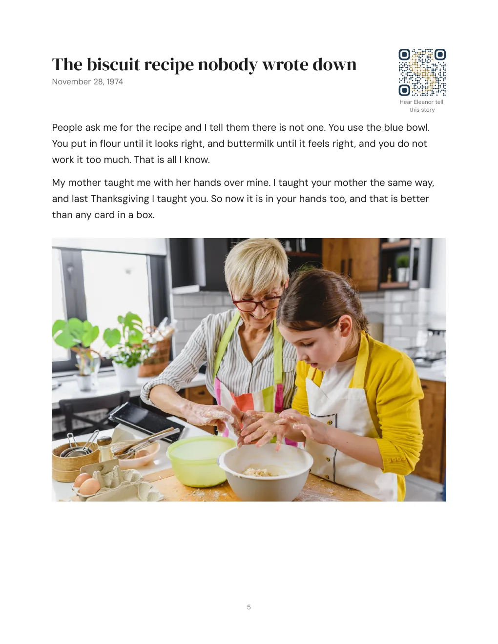 A story page from the sample book, with a photo and a listen code