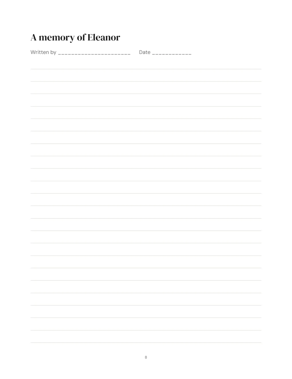 Sample page headed A memory of Eleanor, with ruled lines for a relative to write on