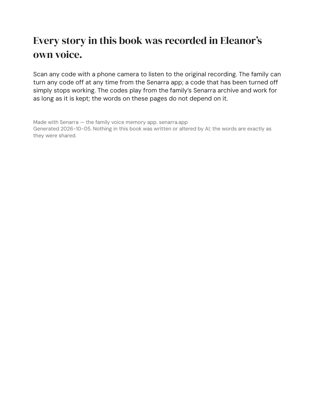 Sample closing page stating the stories were recorded in Eleanor's own voice and that nothing was written or altered by AI