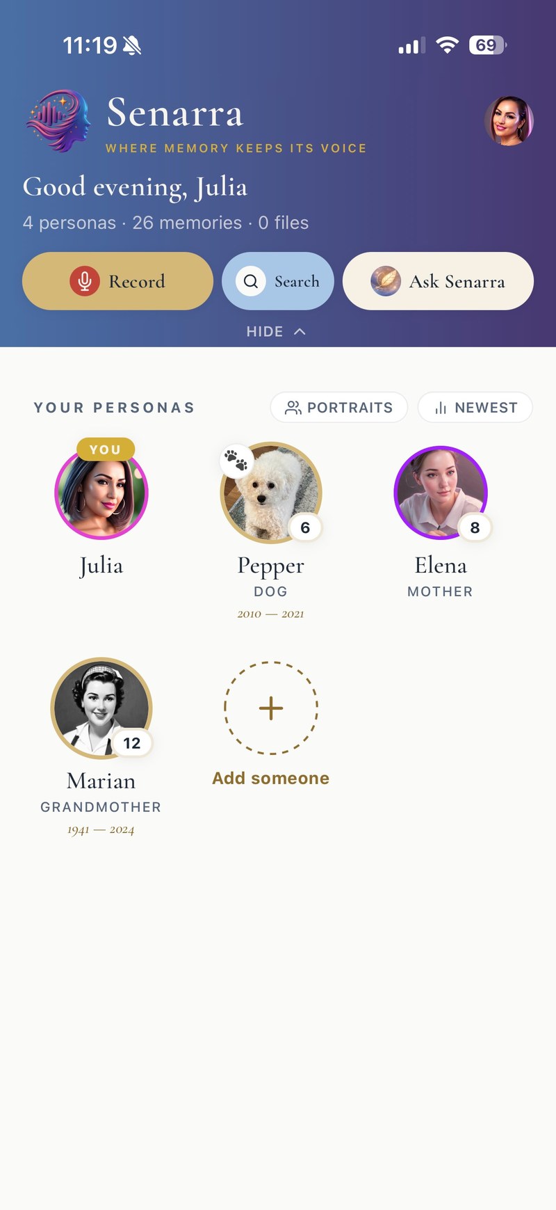 Senarra home screen with personas