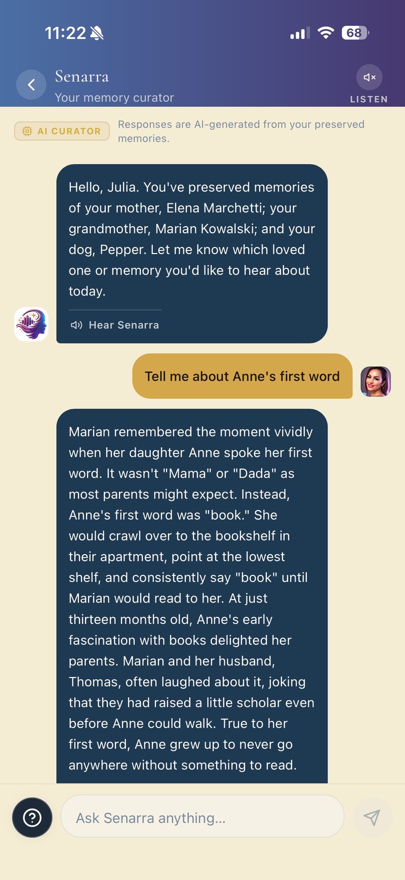 Ask Senarra — memory-grounded AI chat